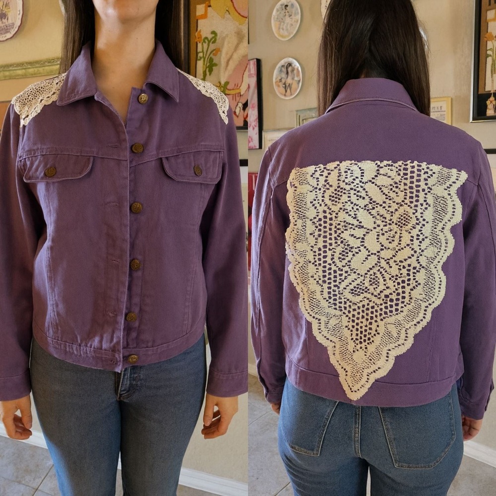 Bill Blass Vintage Denim Jacket Purple Lace Back and Shoulder Cotton Jean Jacket